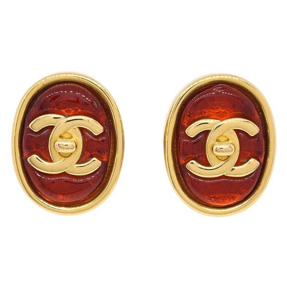 Chanel Oval Turnlock Gripoix Earrings Clip-On Red 97P - Picture 1 of 4